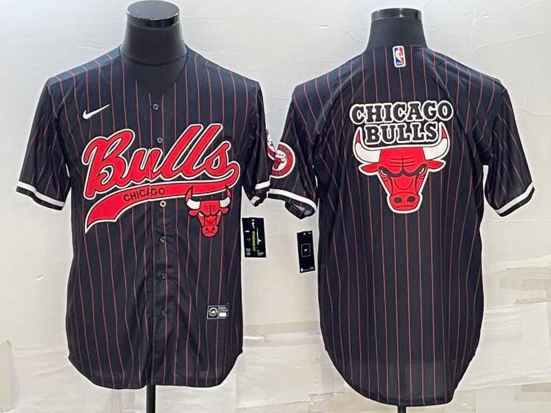 Men%27s Chicago Bulls Black Pinstripe Team Big Logo With Patch Cool Base Stitched Baseball Jersey->chicago bulls->NBA Jersey